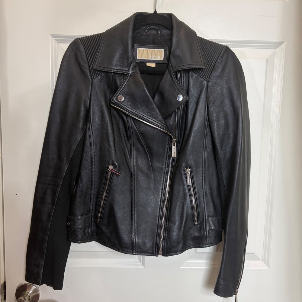 Michael Kors Black Leather Moto Jacket Ribbed Shoulder Knit Panels Small